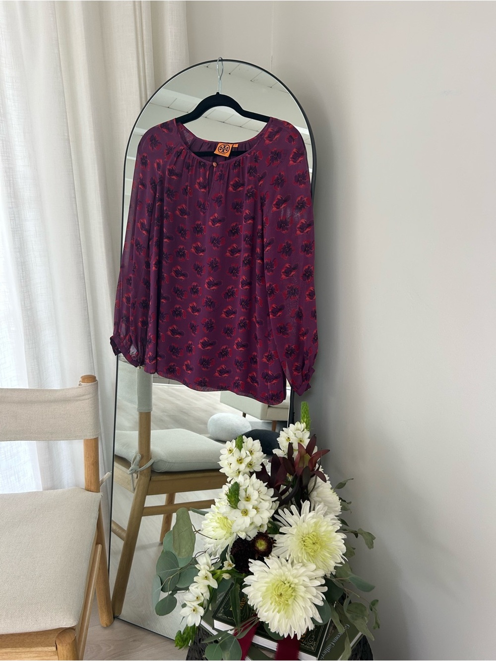 Tory Burch 100% Silk Purple Floral Sheer Blouse Size 4
